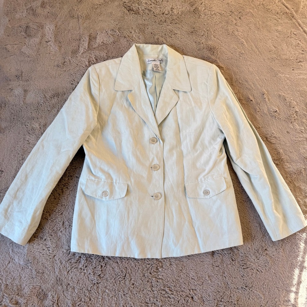 Vtg Samantha Taylor Women's Light Blue Silk Linen Blend Blazer‎ Jacket Size 14